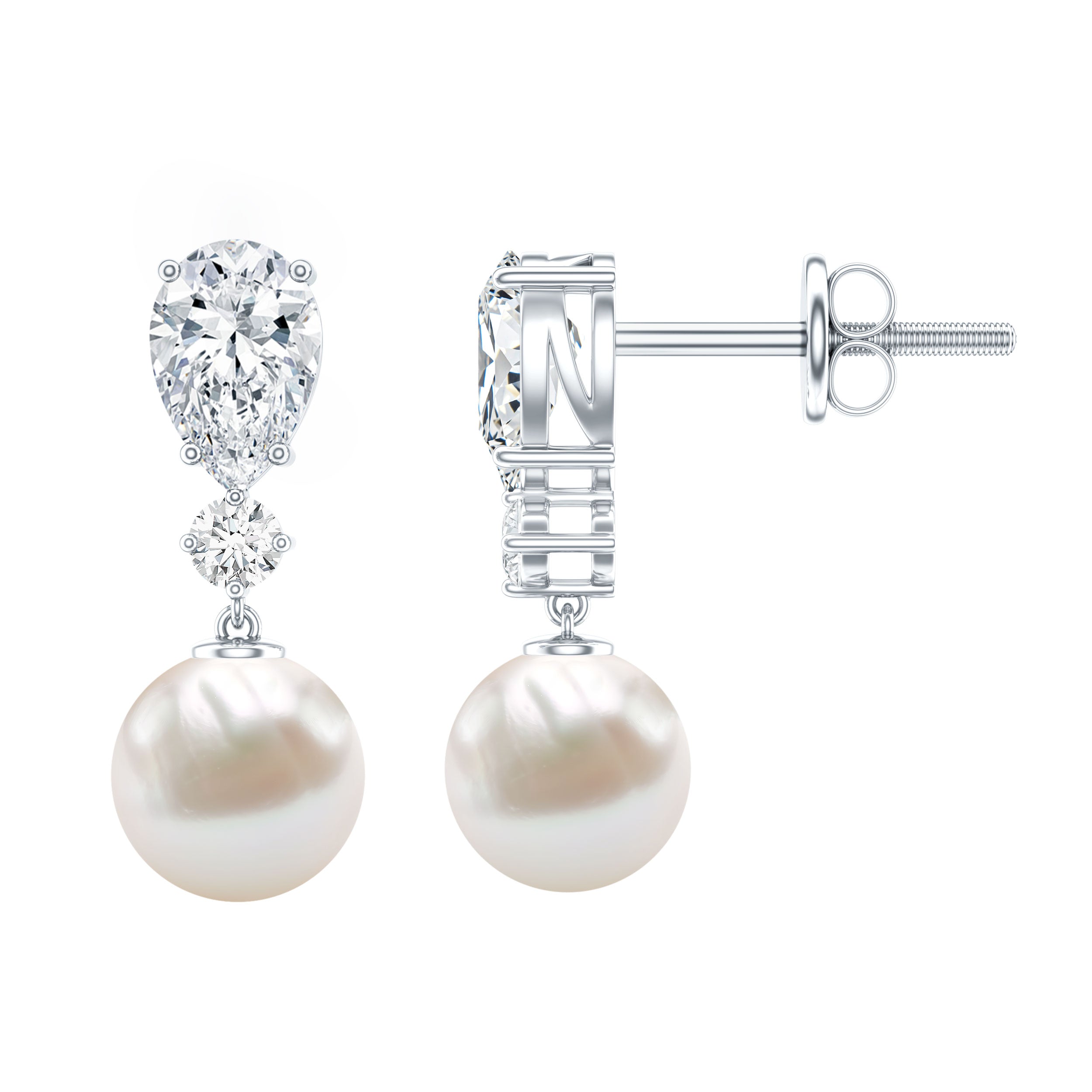Moissanite and Freshwater Pearl Dangle Drop Earrings AAA - Rosec Jewels