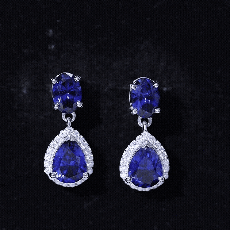 Lab Grown Blue Sapphire Bridal Dangle Earrings with Moissanite AAAA - Rosec Jewels