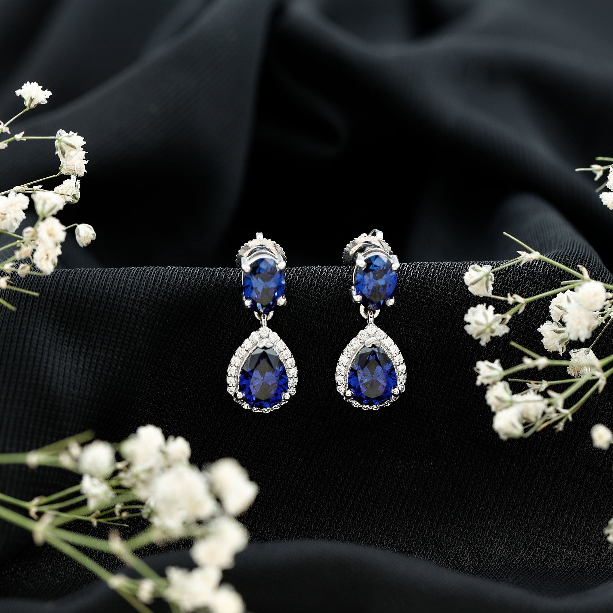 Lab Grown Blue Sapphire Bridal Dangle Earrings with Moissanite AAAA - Rosec Jewels