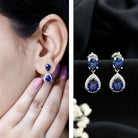 Lab Grown Blue Sapphire Bridal Dangle Earrings with Moissanite AAAA - Rosec Jewels