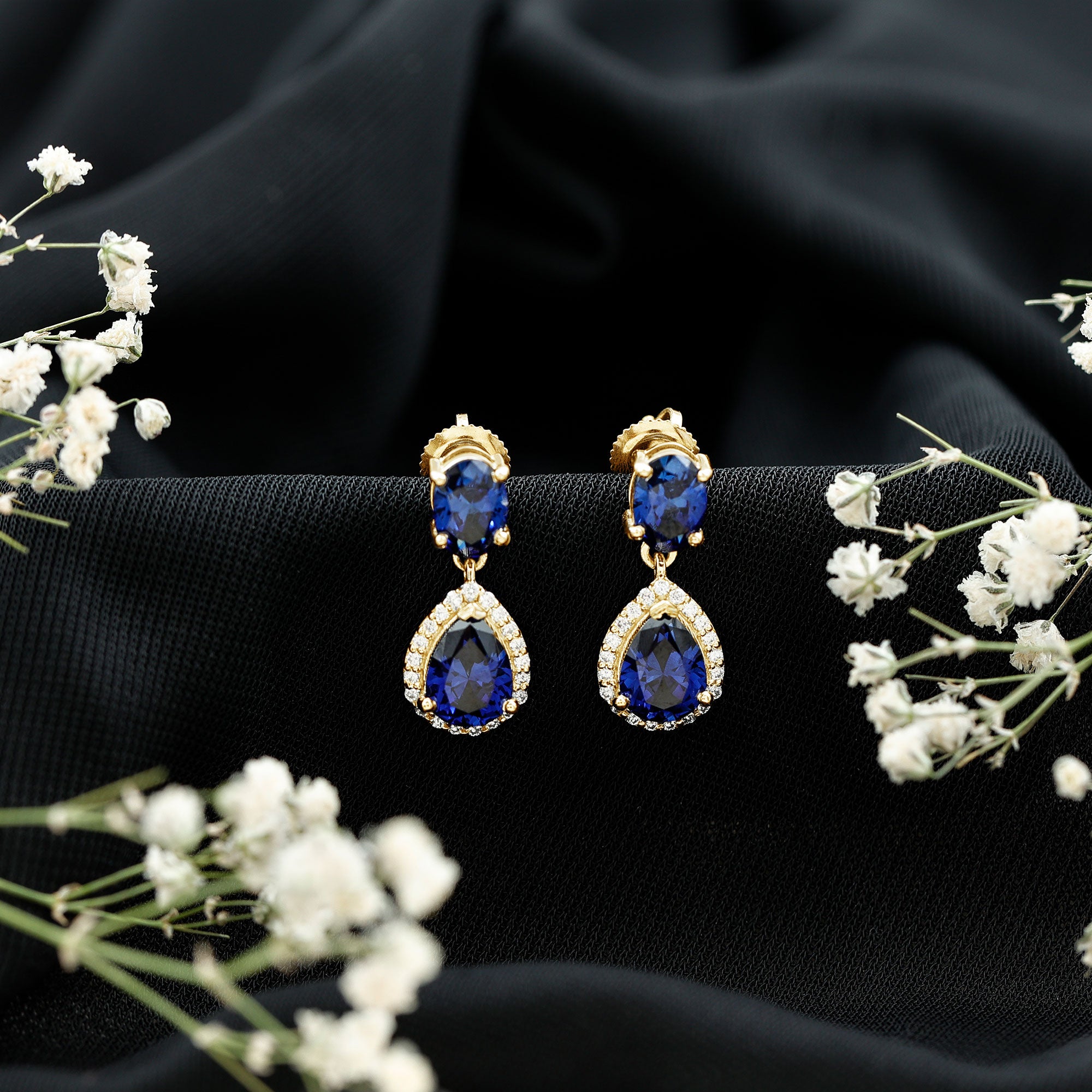 Lab Grown Blue Sapphire Bridal Dangle Earrings with Moissanite AAAA - Rosec Jewels