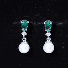Freshwater Pearl Drop Dangle Earrings With Created Emerald AAA - Rosec Jewels