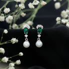 Freshwater Pearl Drop Dangle Earrings With Created Emerald AAA - Rosec Jewels