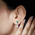 Freshwater Pearl Drop Dangle Earrings With Created Emerald AAA - Rosec Jewels