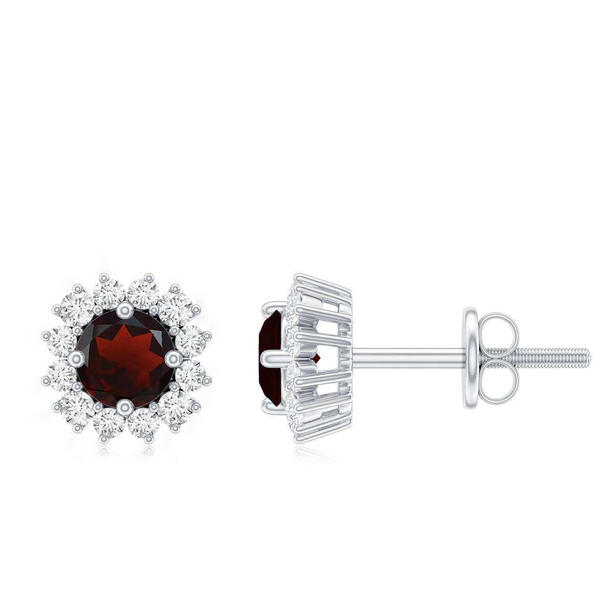 Genuine Garnet and Diamond Halo Stud Earrings AAA - Rosec Jewels