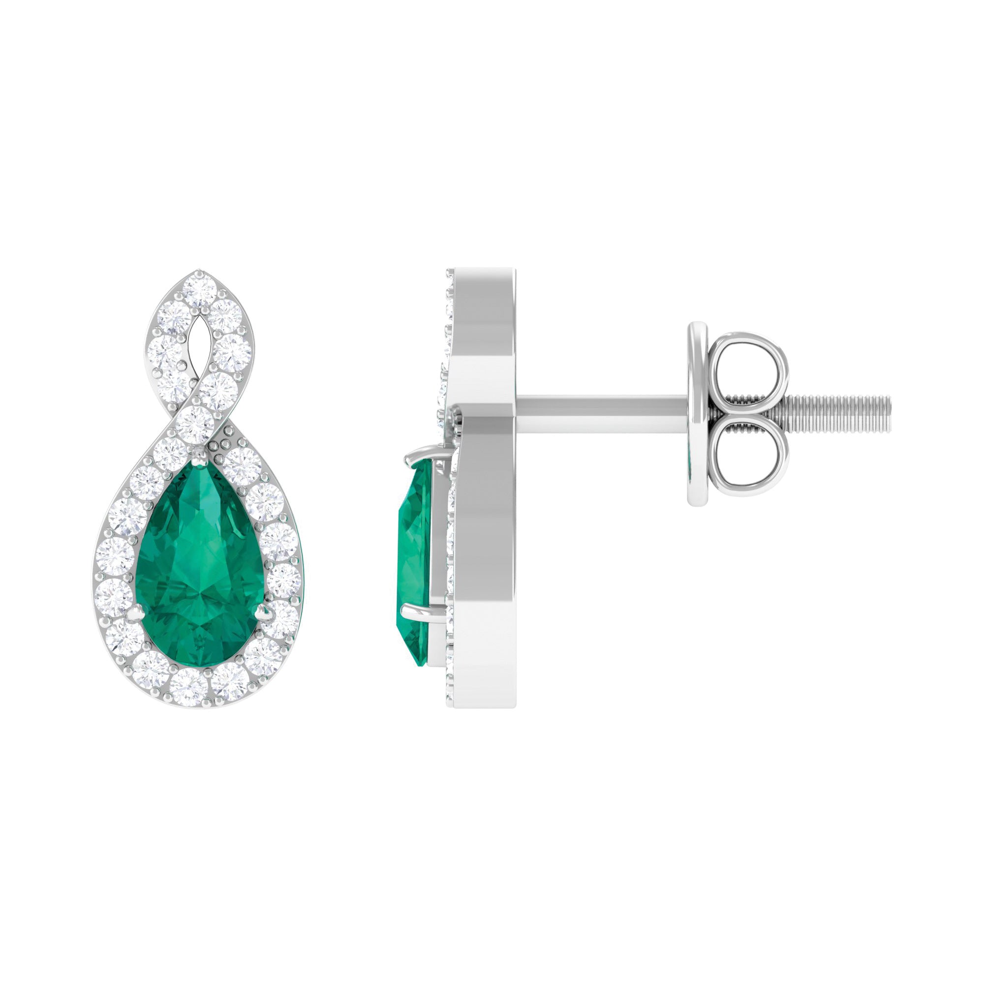 Pear Shape Emerald Infinity Stud Earrings with Diamond