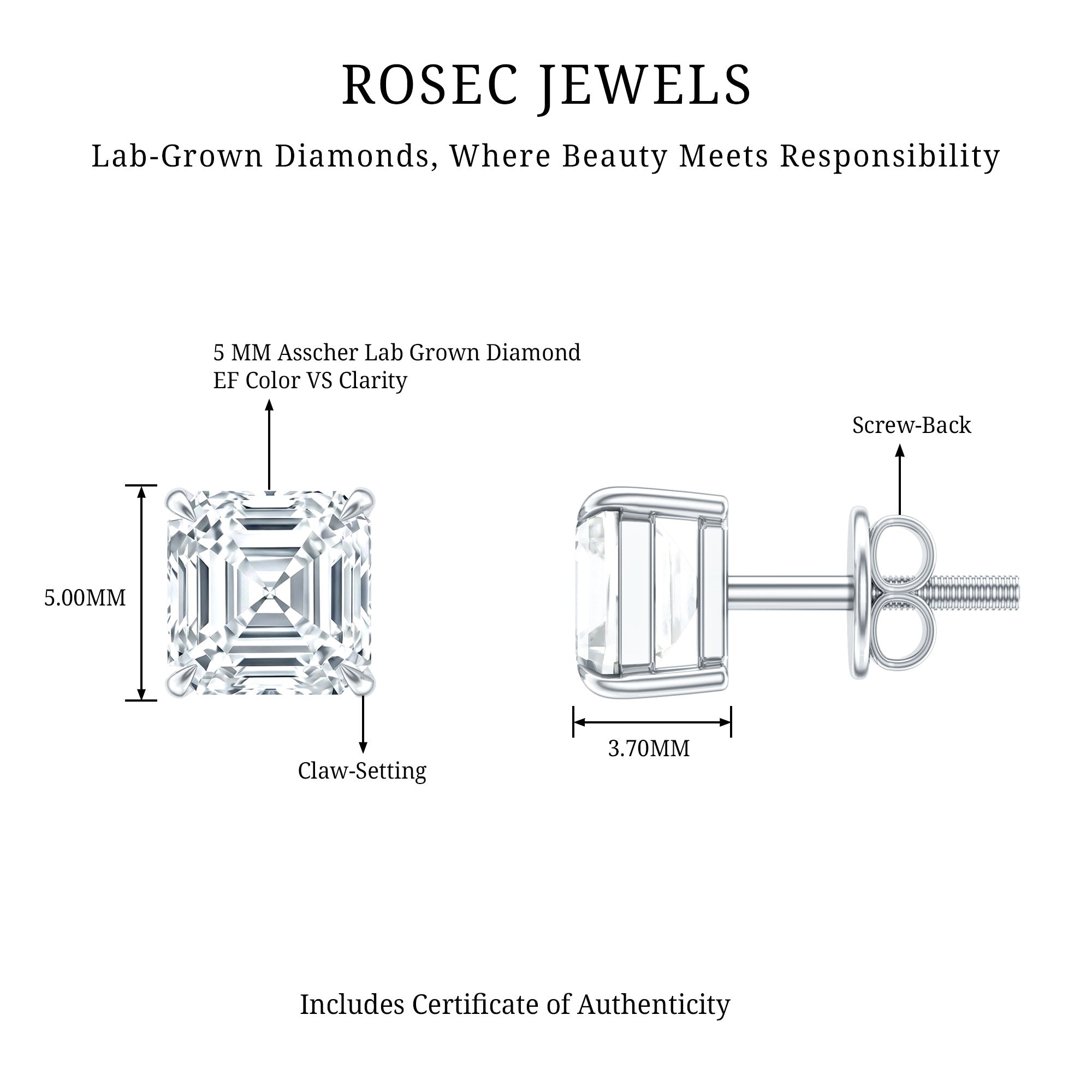 Certified 1.4 Carat Asscher Cut Lab Grown Diamond Stud Earrings Lab - ( EF-VS ) - Rosec Jewels