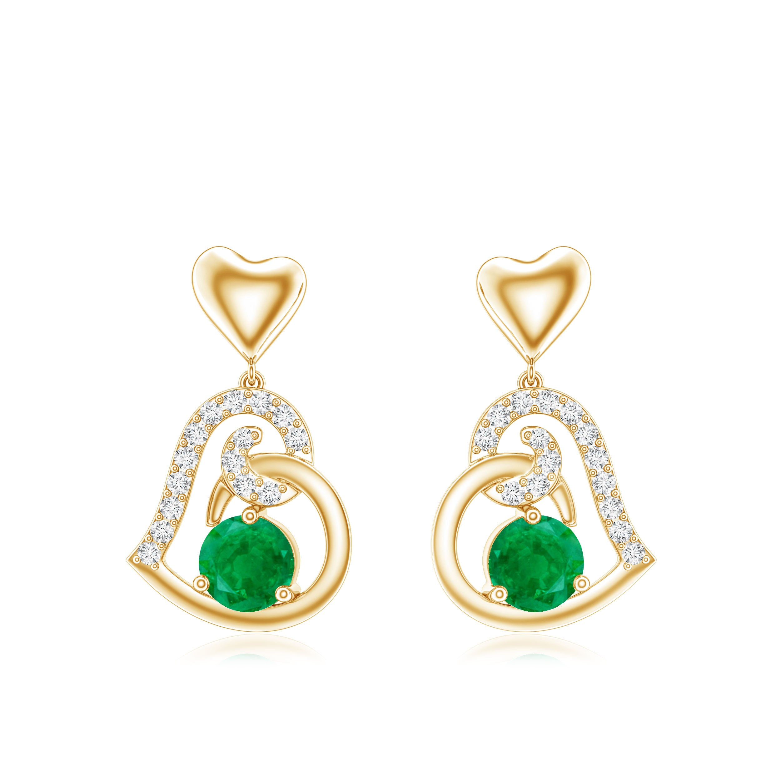 0.9 Carat Round Emerald and Diamond Heart Drop Earrings AAA - Rosec Jewels