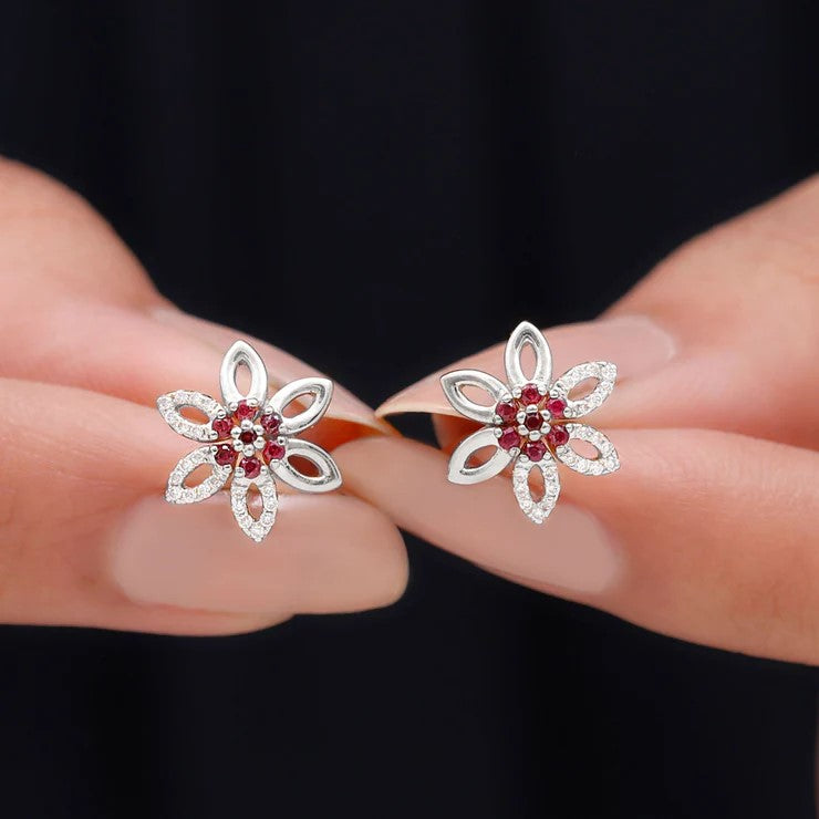 Natural Ruby Floral Stud Earrings with Diamond Stones AAA - Rosec Jewels