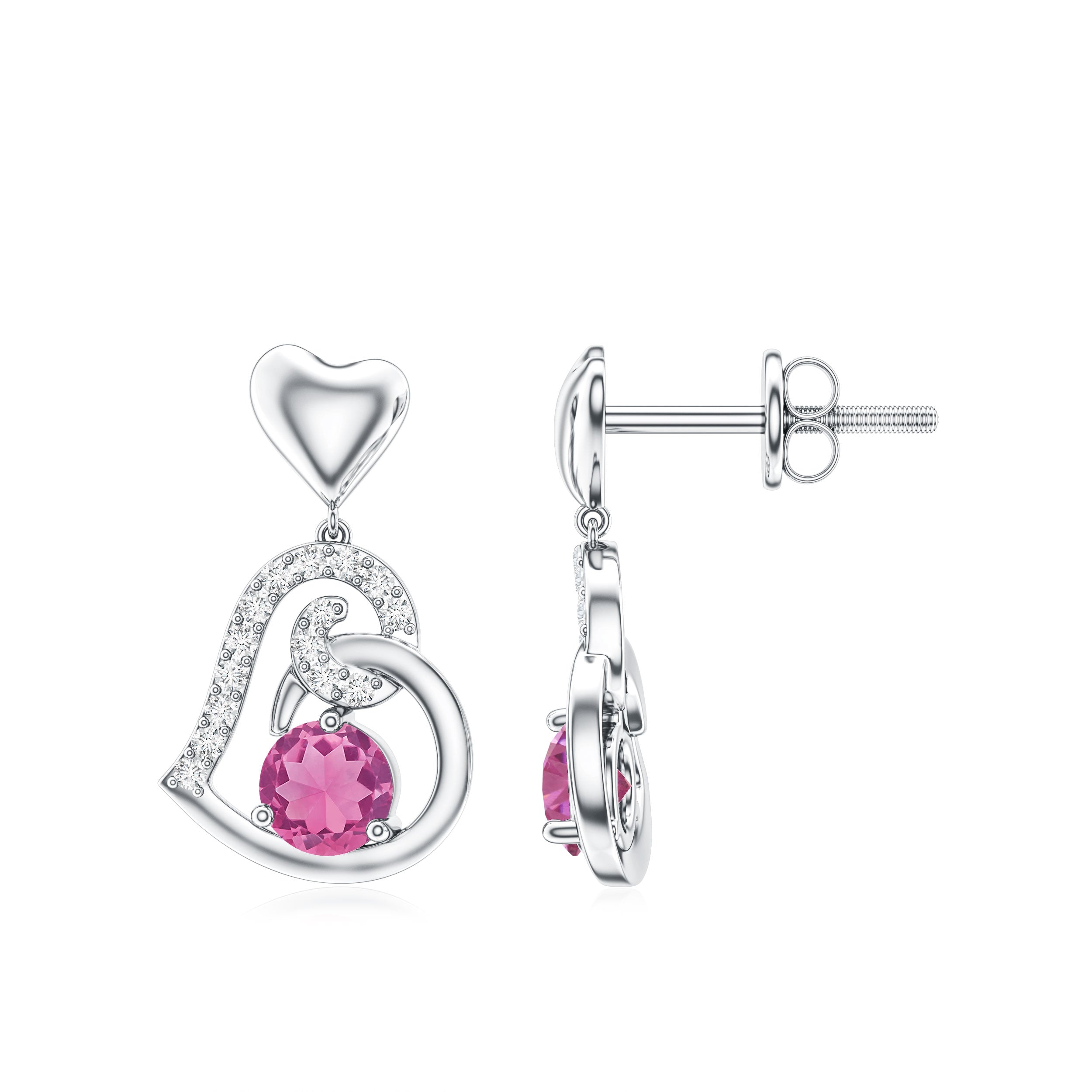 Real Pink Tourmaline and Diamond Heart Drop Earrings AAA - Rosec Jewels