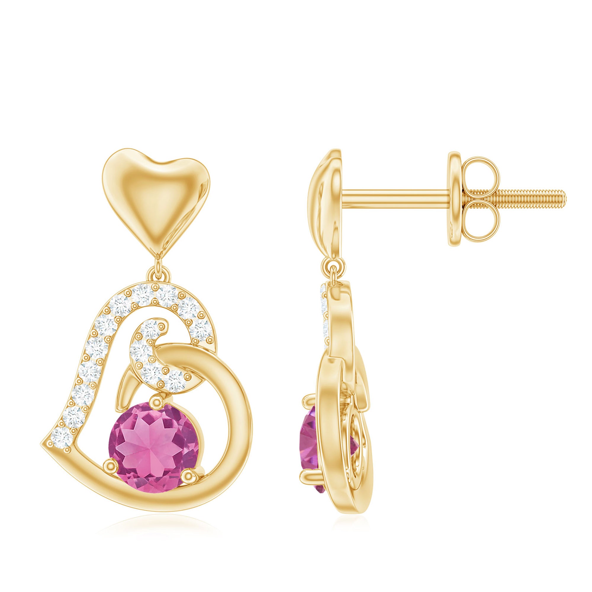 Real Pink Tourmaline and Diamond Heart Drop Earrings AAA - Rosec Jewels