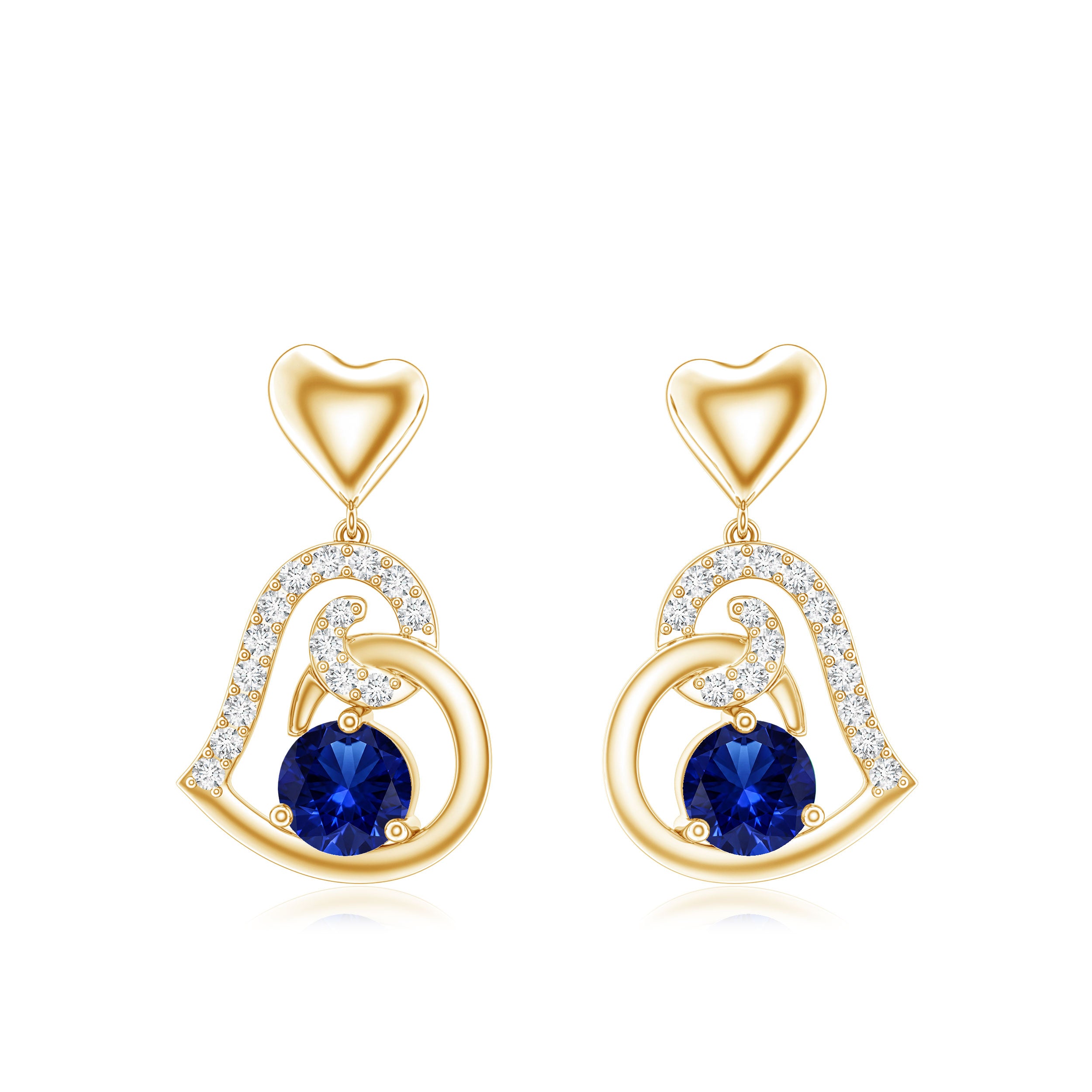 Created Blue Sapphire and Diamond Heart Drop Earrings AAAA - Rosec Jewels