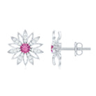 Round Pink Tourmaline Flower Stud Earrings with Diamond AAA - Rosec Jewels