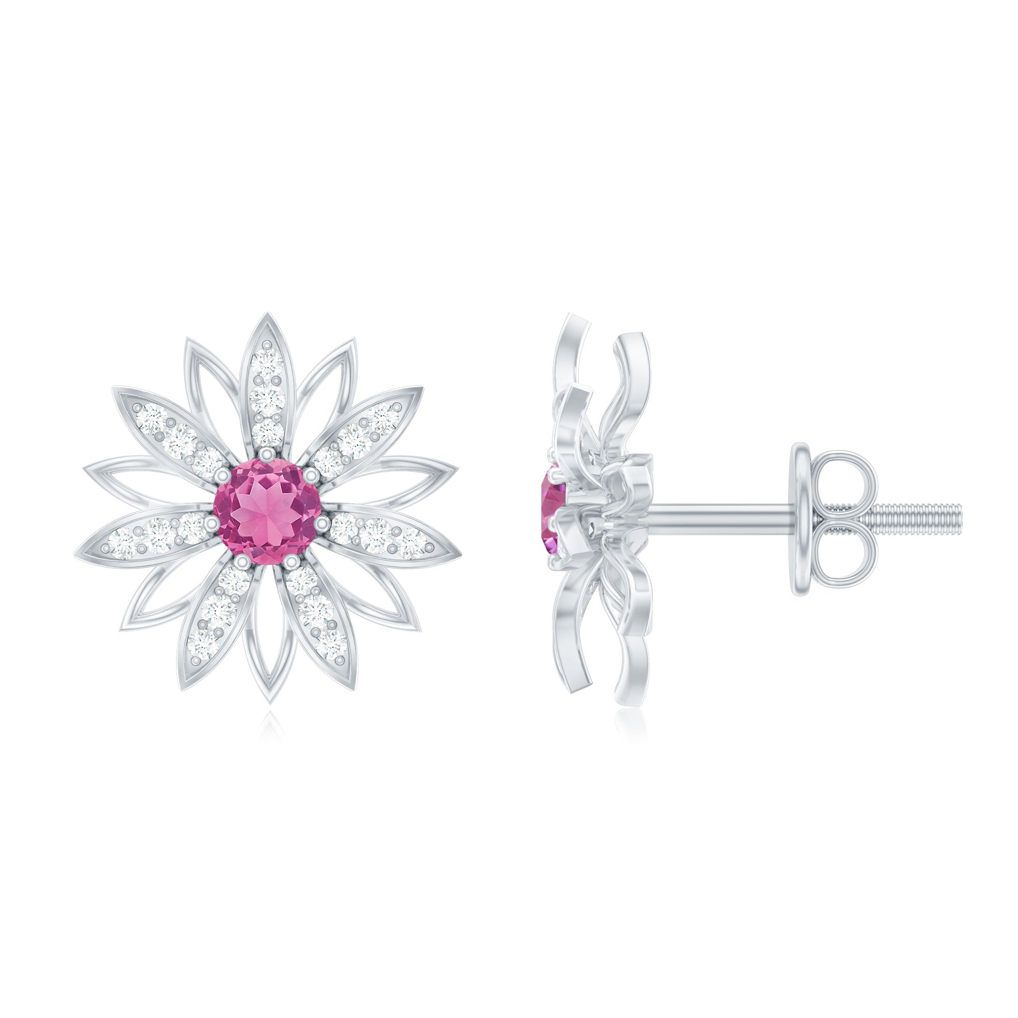 Round Pink Tourmaline Flower Stud Earrings with Diamond AAA - Rosec Jewels