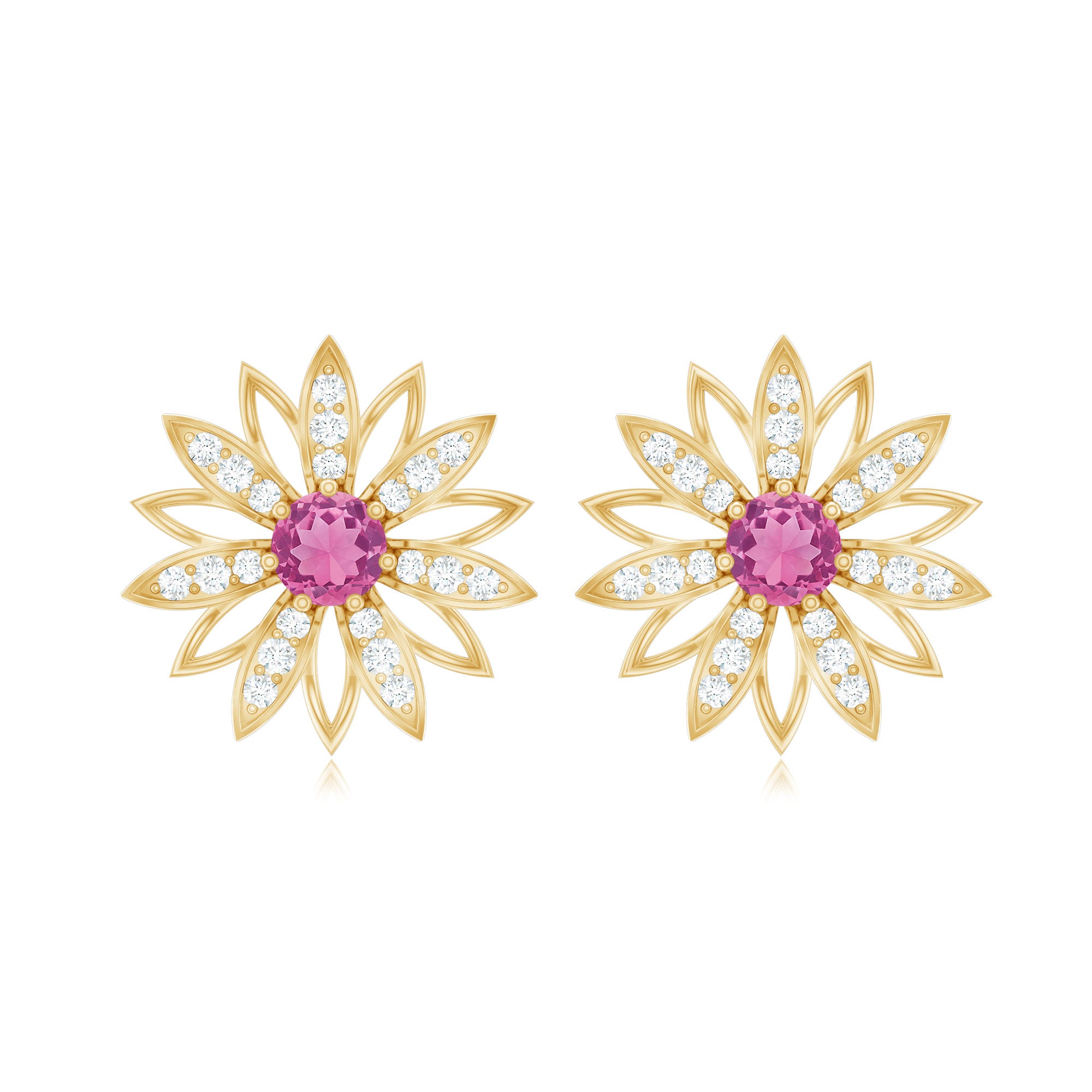 Round Pink Tourmaline Flower Stud Earrings with Diamond AAA - Rosec Jewels