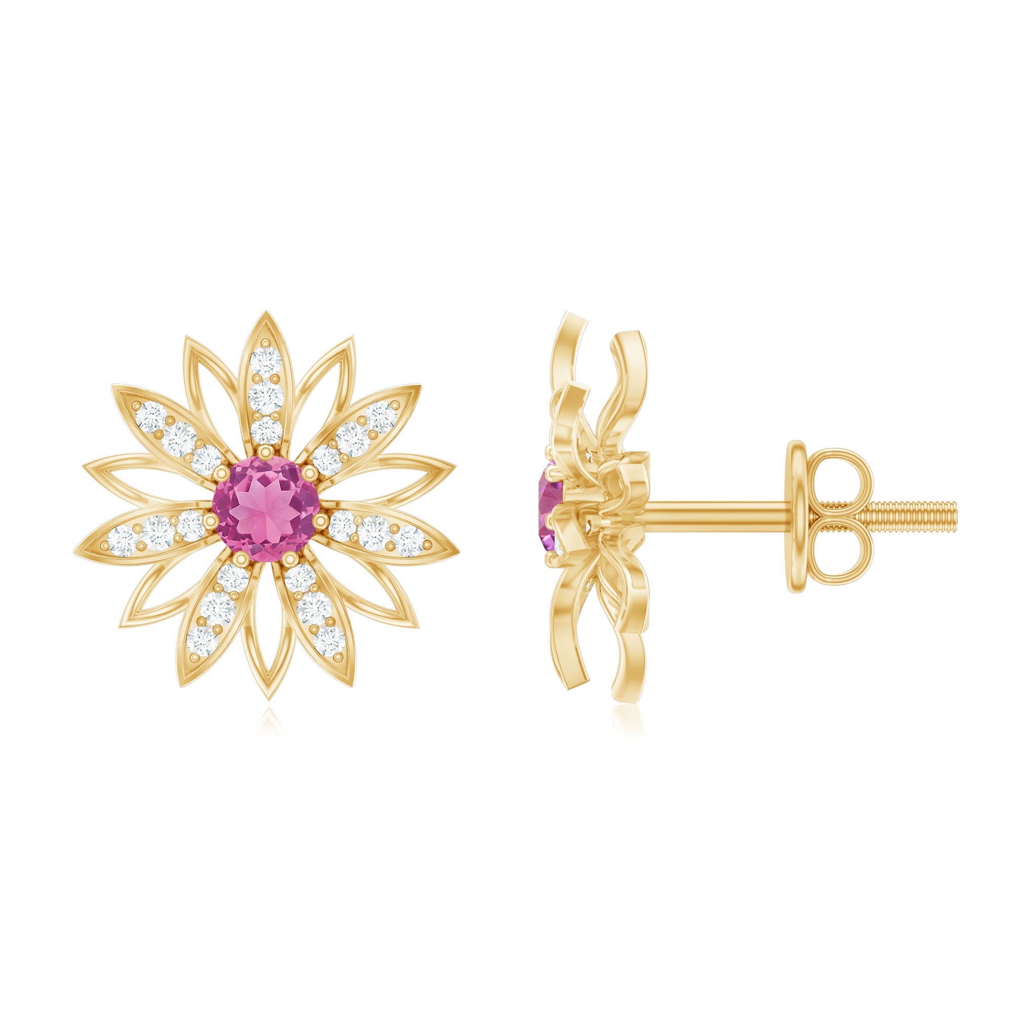 Round Pink Tourmaline Flower Stud Earrings with Diamond AAA - Rosec Jewels