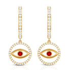 Lab Created Ruby and Moissanite Evil Eye Hoop Drop Earrings AAAA - Rosec Jewels