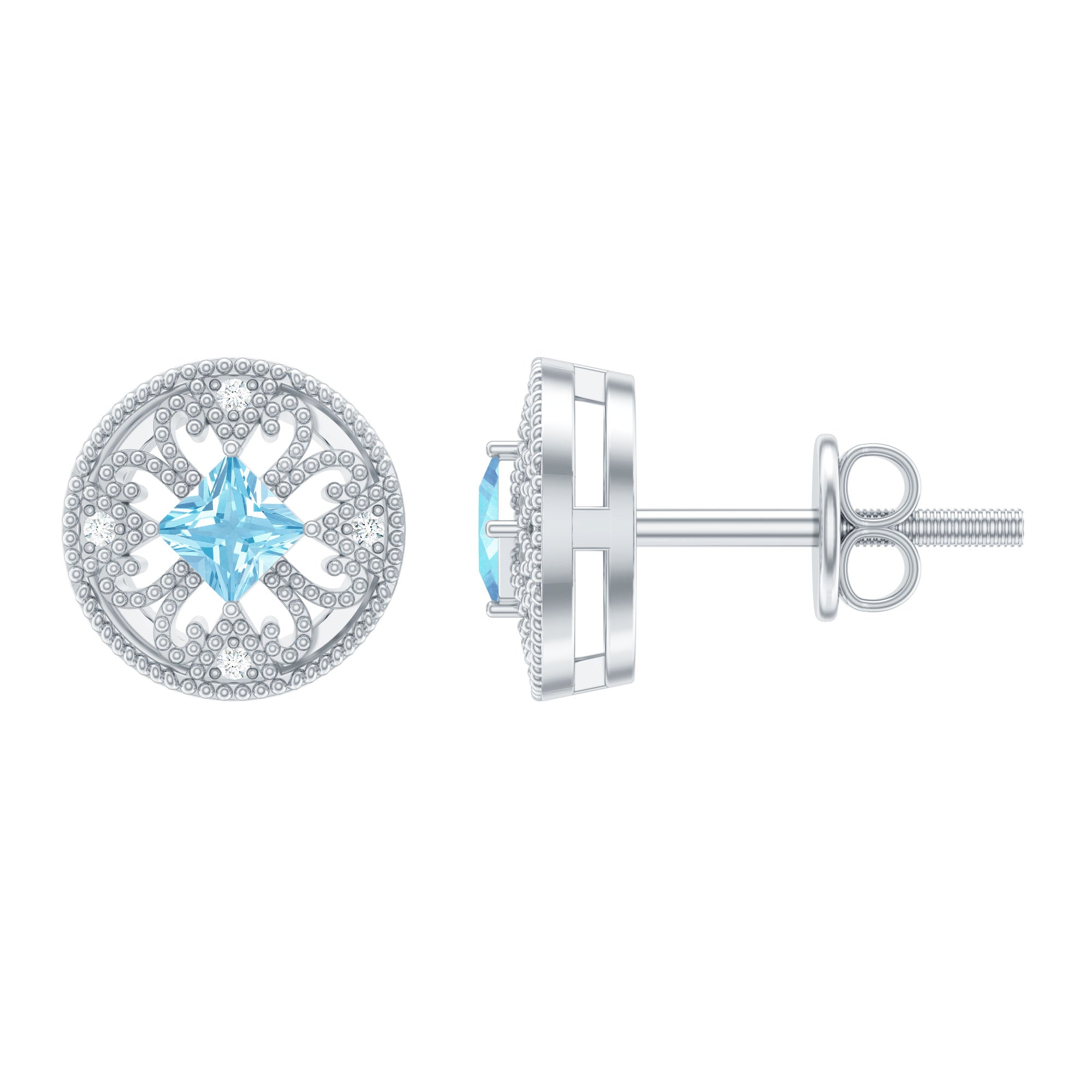 Rosec Jewels-Certified Aquamarine Vintage Stud Earrings with Lab Diamonds