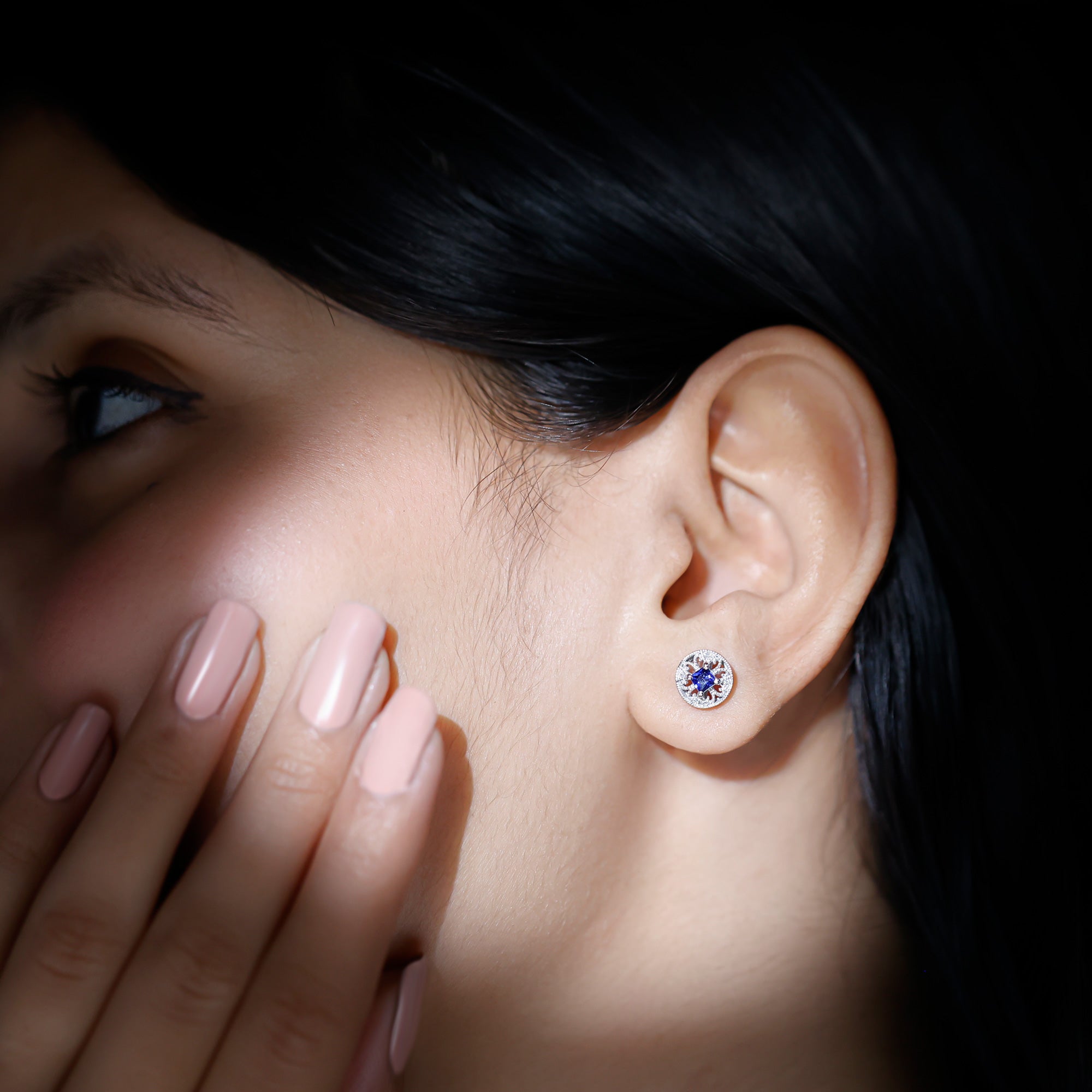 Antique Inspired Blue Sapphire and Diamond Stud Earrings AAA - Rosec Jewels