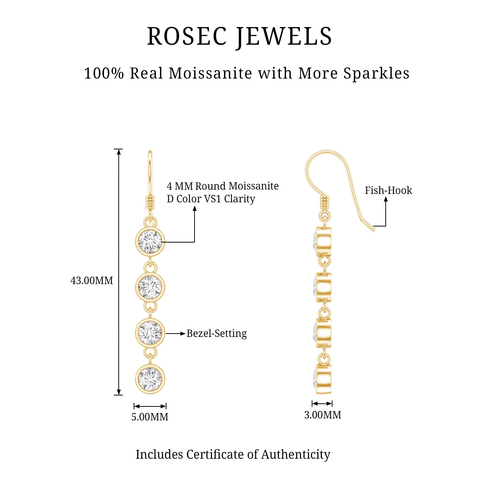 Bezel Set Round Moissanite Simple Dangle Earrings D-VS1 - Rosec Jewels