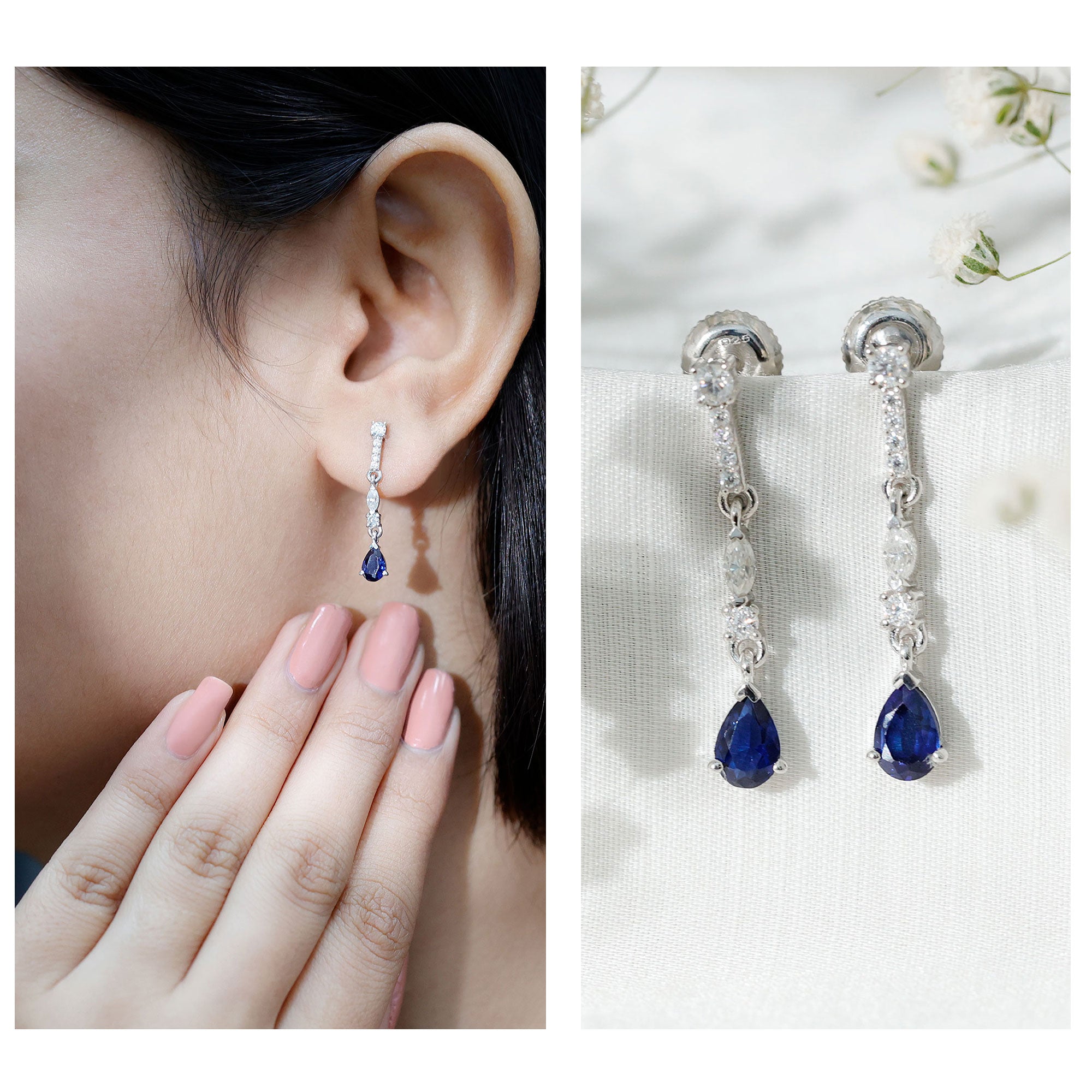 Pear Cut Created Blue Sapphire and Moissanite Long Dangle Earrings AAAA - Rosec Jewels