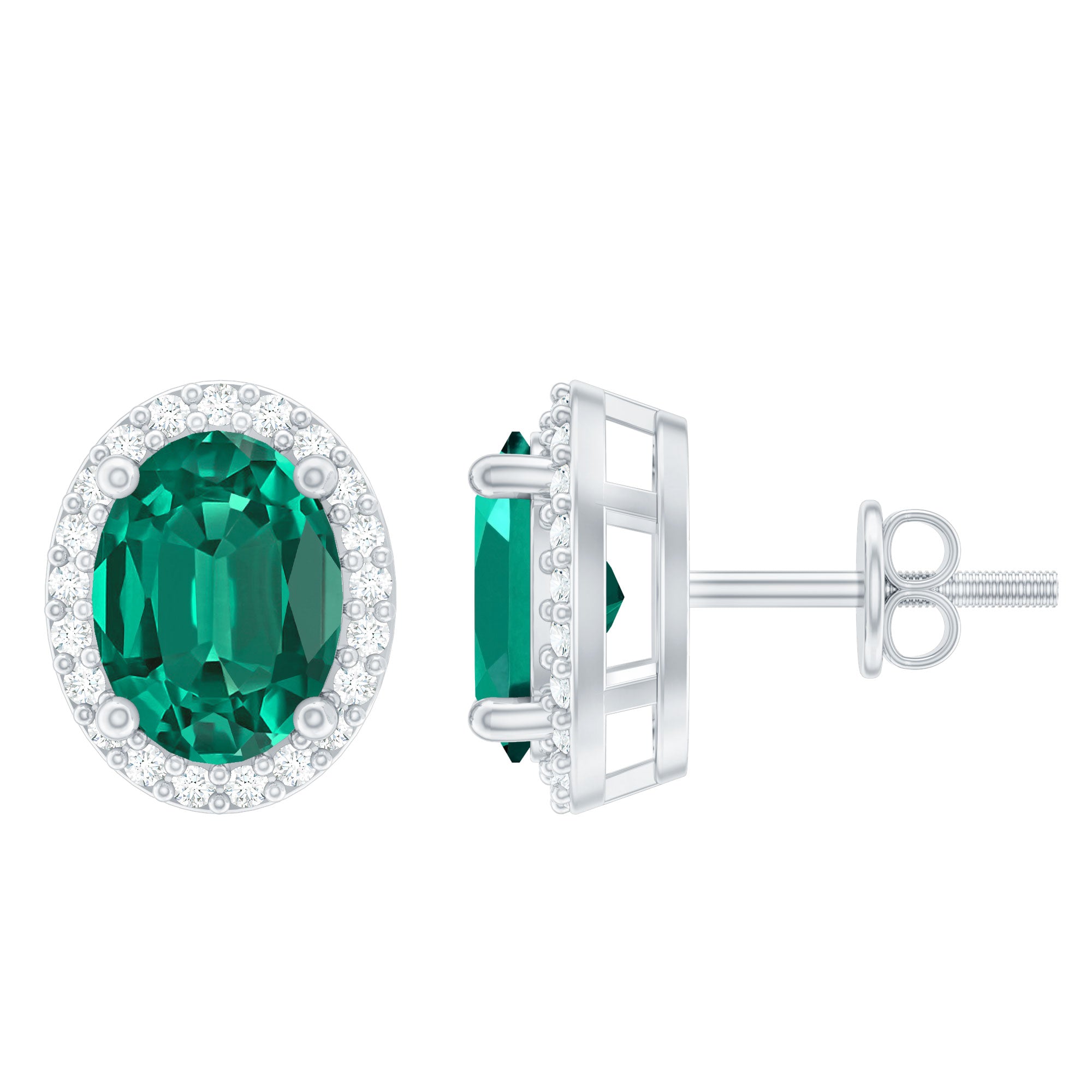 Classic Oval Shaped Lab Grown Emerald and Diamond Halo Stud Earrings