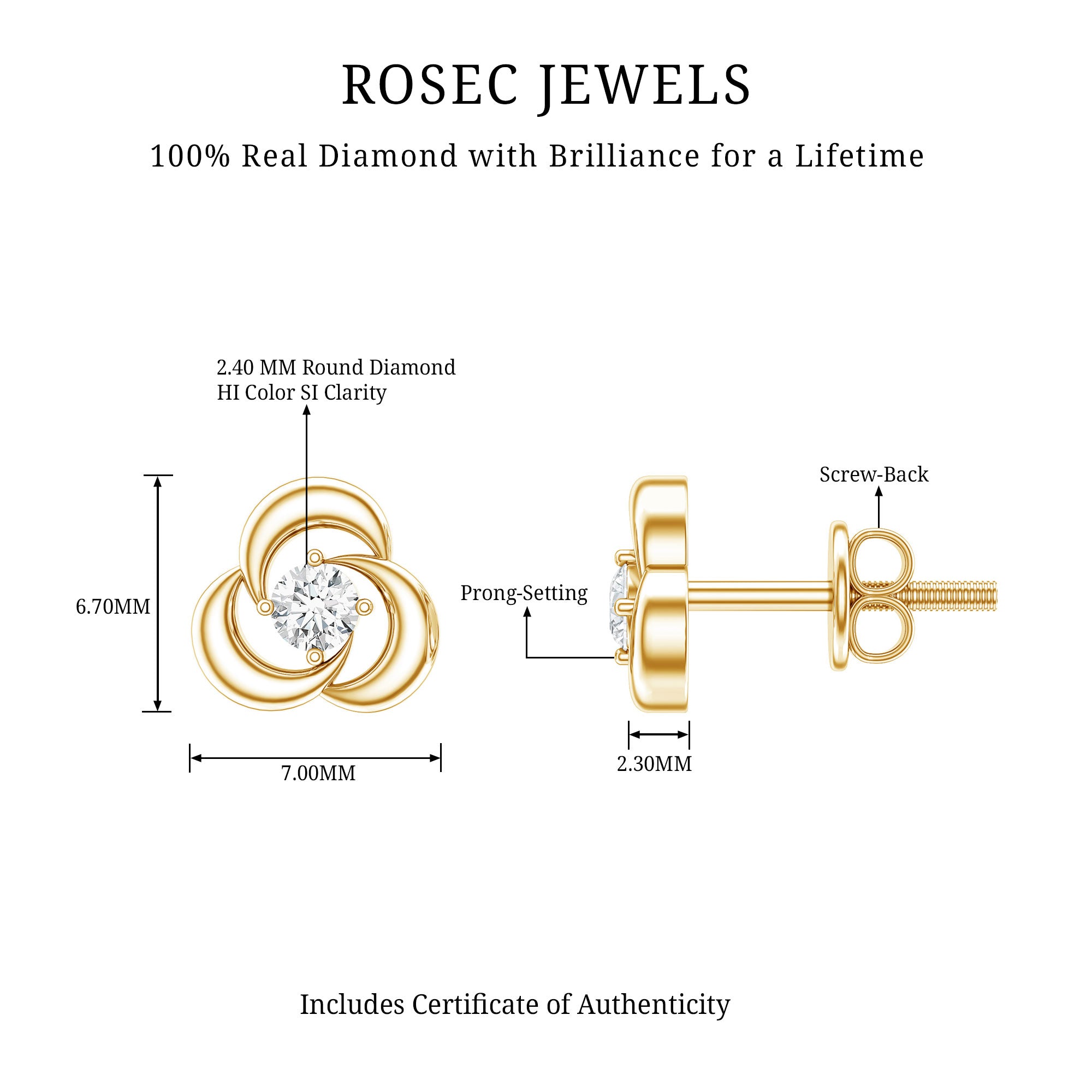 Diamond Swirl Stud Earring with Screw Back Natural - ( HI-SI ) - Rosec Jewels