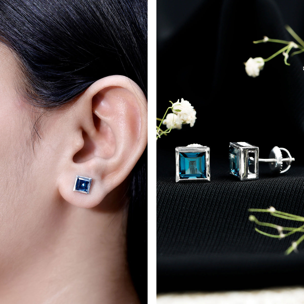 2 CT Princess Cut London Blue Topaz Solitaire Stud Earrings AAA - Rosec Jewels