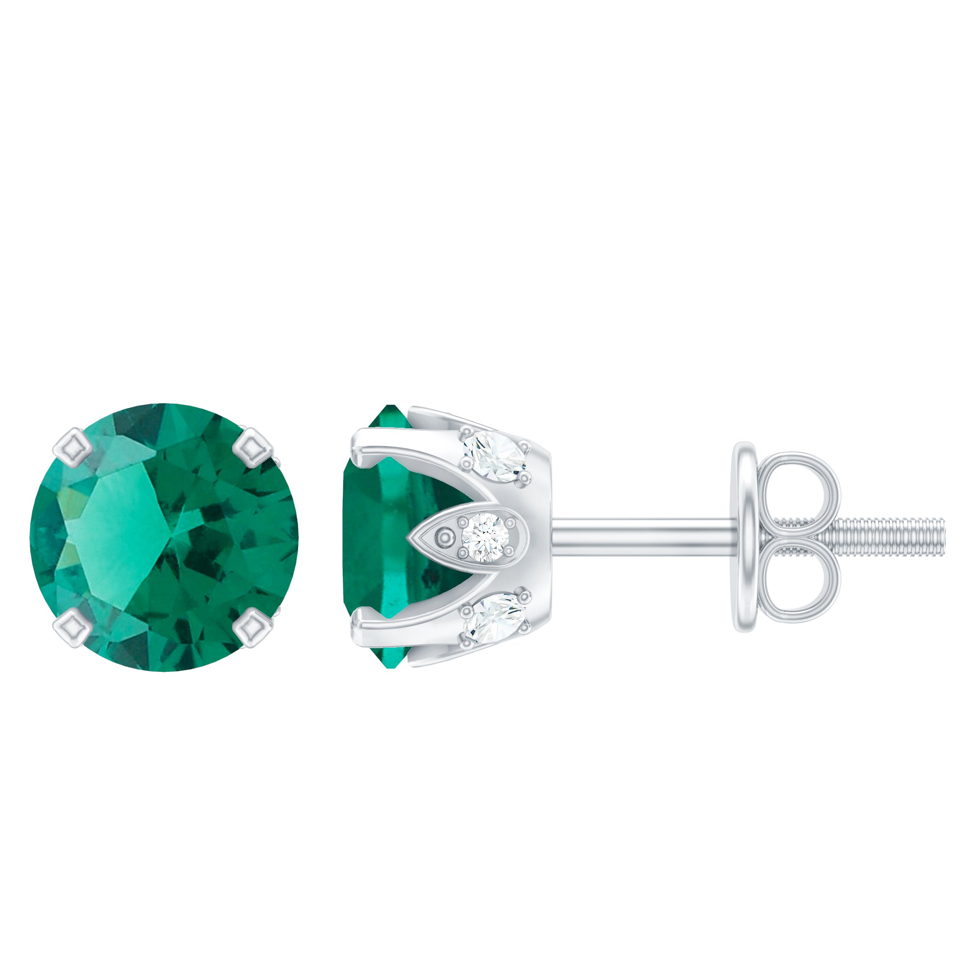 Round Lab Created Emerald Solitaire Stud Earrings with Diamonds