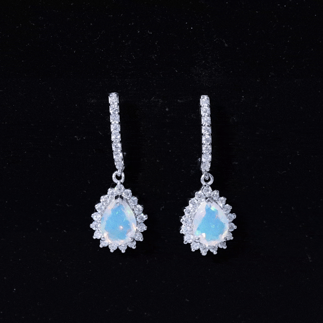 Natural Ethiopian Opal Teardrop Bridal Earrings with Moissanite Accent AAA - Rosec Jewels