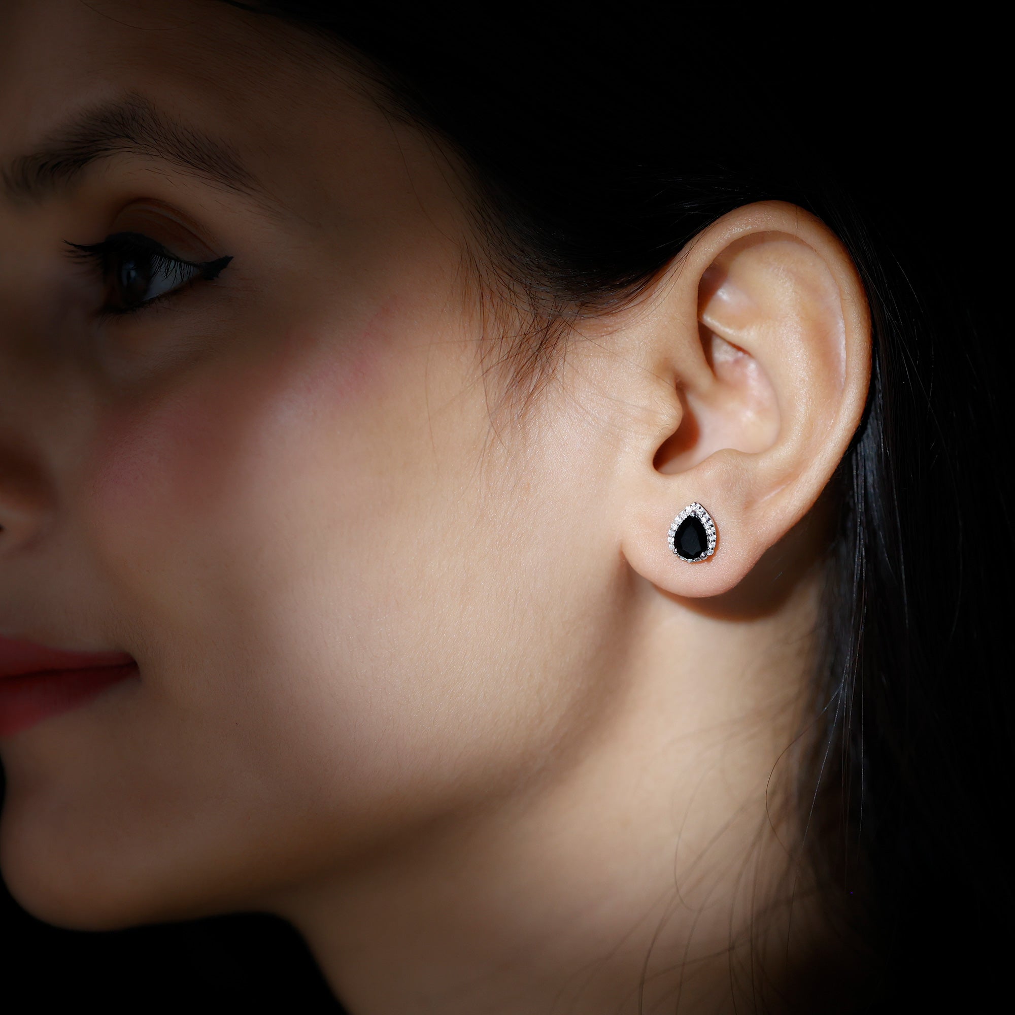 Lab Created Black Diamond Teardrop Stud Earrings with Diamond Halo AAAA ( Synthetic ) - Rosec Jewels