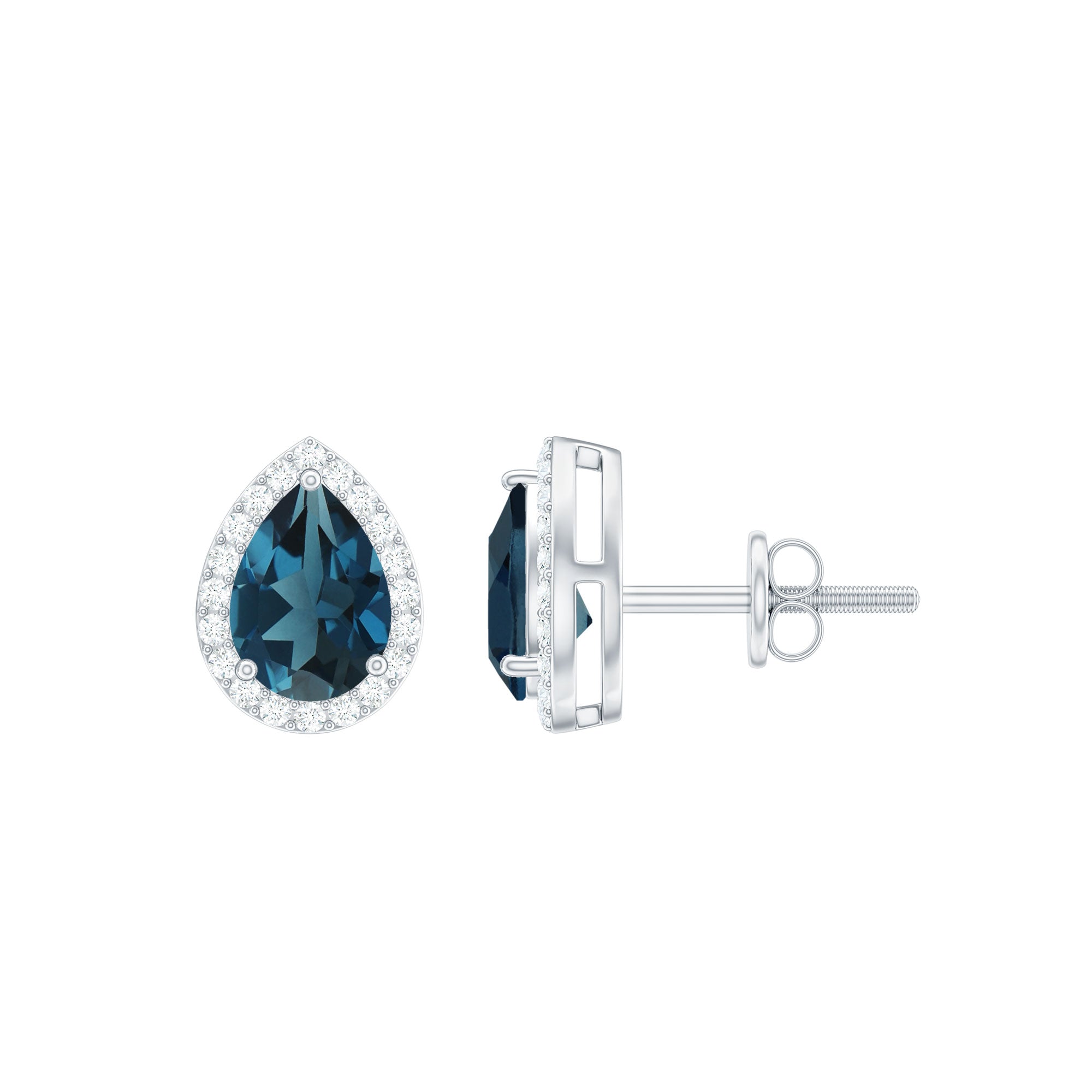 Real London Blue Topaz Teardrop Stud Earrings with Diamond Halo