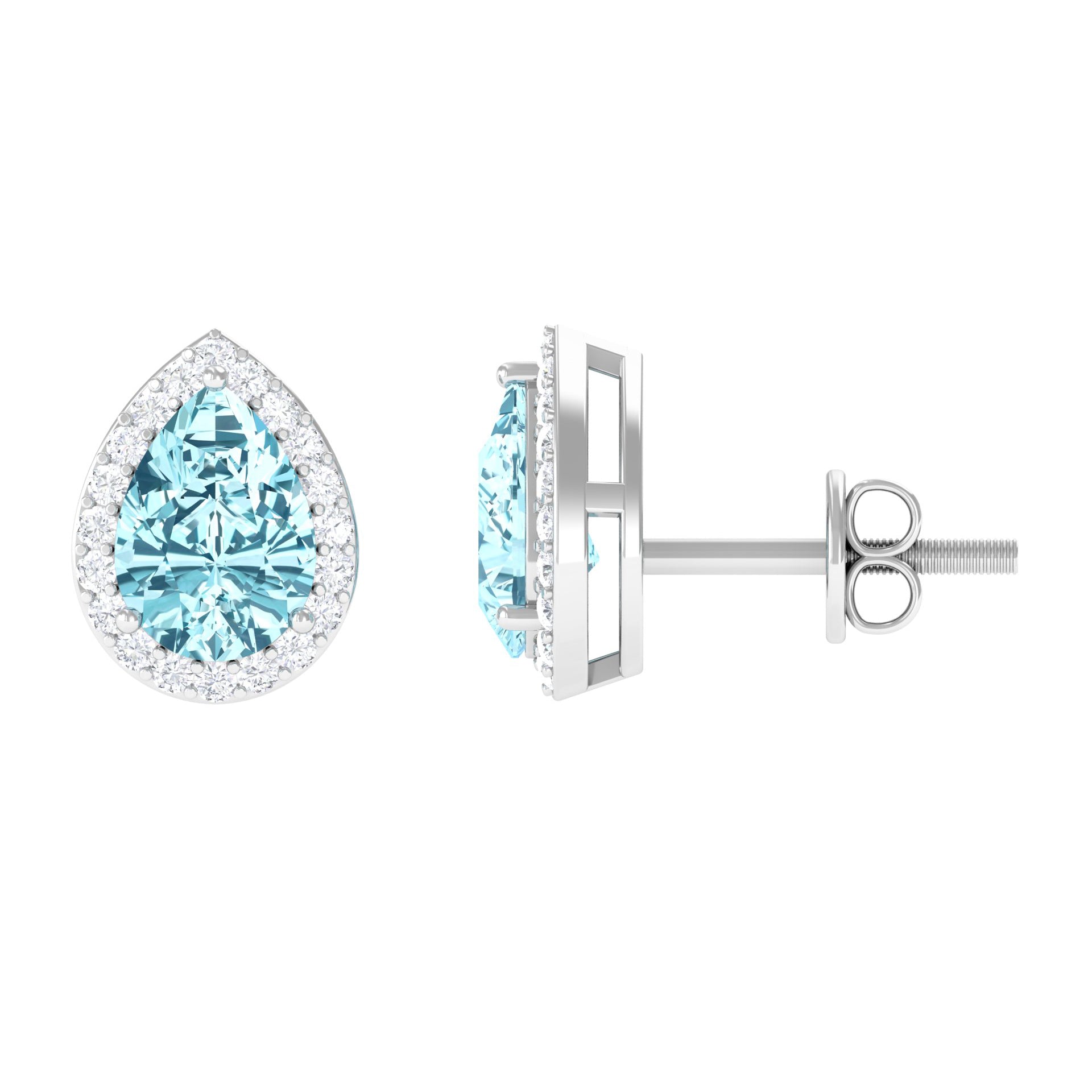 Natural Pear Shape Aquamarine Stud Earrings with Diamond Halo