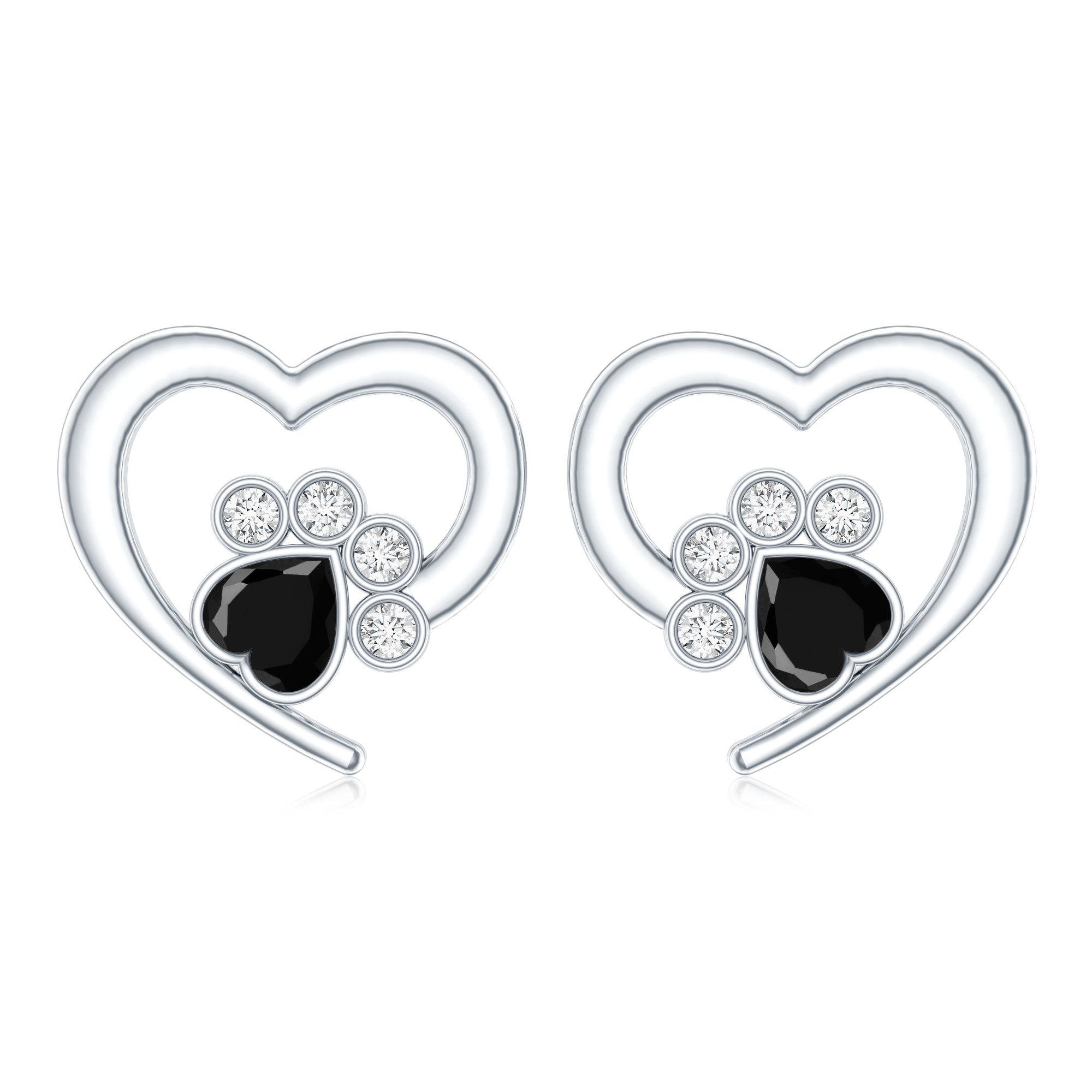 Heart Shape Black Onyx and Diamond Paw Stud Earrings AAA - Rosec Jewels