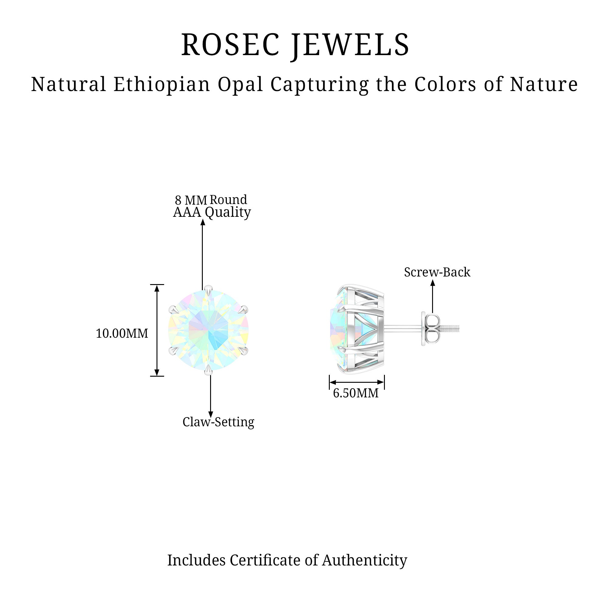 4 Carat Genuine Round Ethiopian Opal Solitaire Stud Earrings AAA - Rosec Jewels