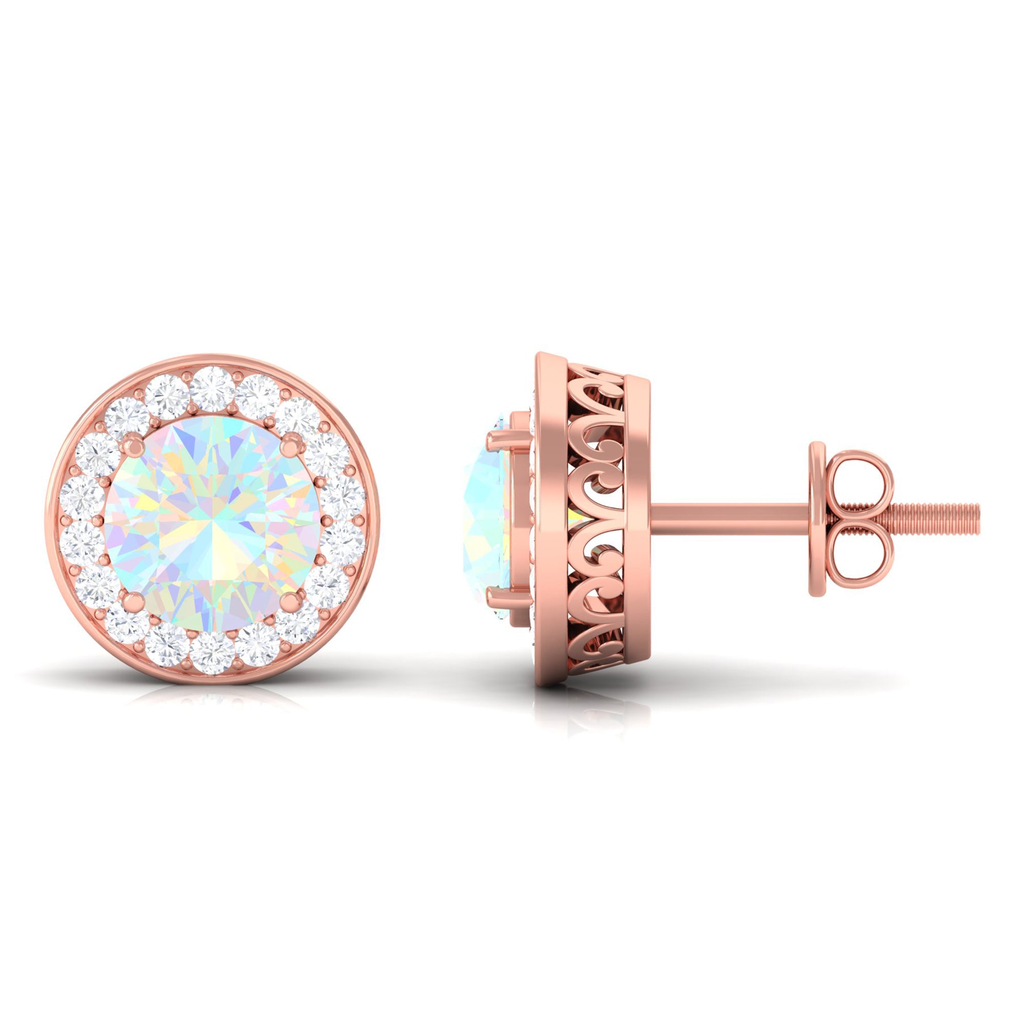 1.6 Carat Round Ethiopian Opal and Diamond Halo Stud Earrings AAA - Rosec Jewels