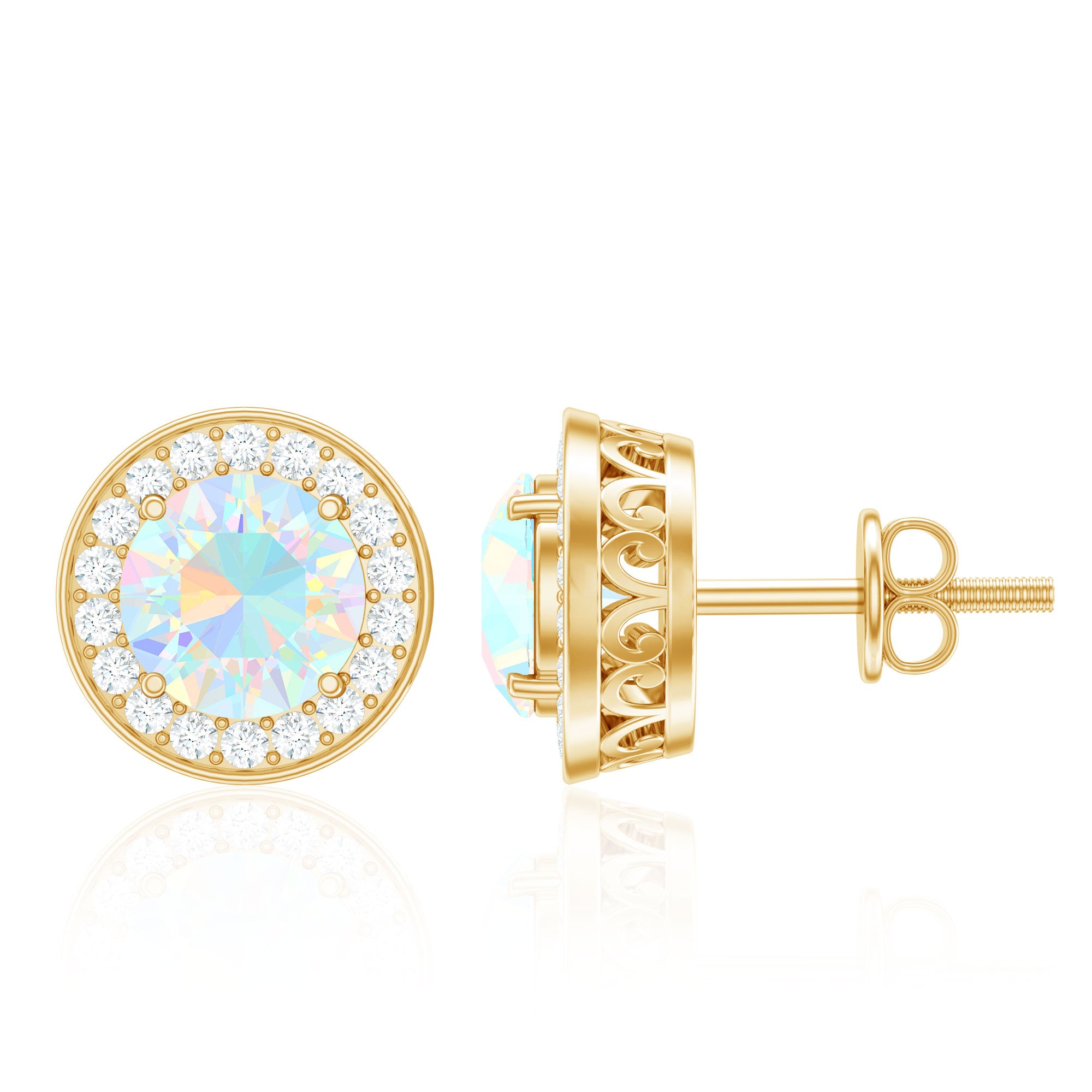 1.6 Carat Round Ethiopian Opal and Diamond Halo Stud Earrings AAA - Rosec Jewels