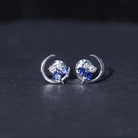 Lab Grown Blue Sapphire and Diamond Cat and Moon Stud Earrings AAAA - Rosec Jewels