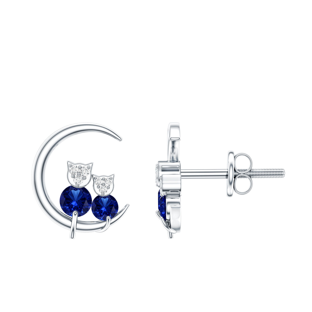 Lab Grown Blue Sapphire and Diamond Cat and Moon Stud Earrings AAAA - Rosec Jewels