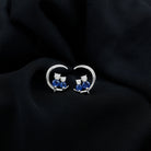 Lab Grown Blue Sapphire and Diamond Cat and Moon Stud Earrings AAAA - Rosec Jewels
