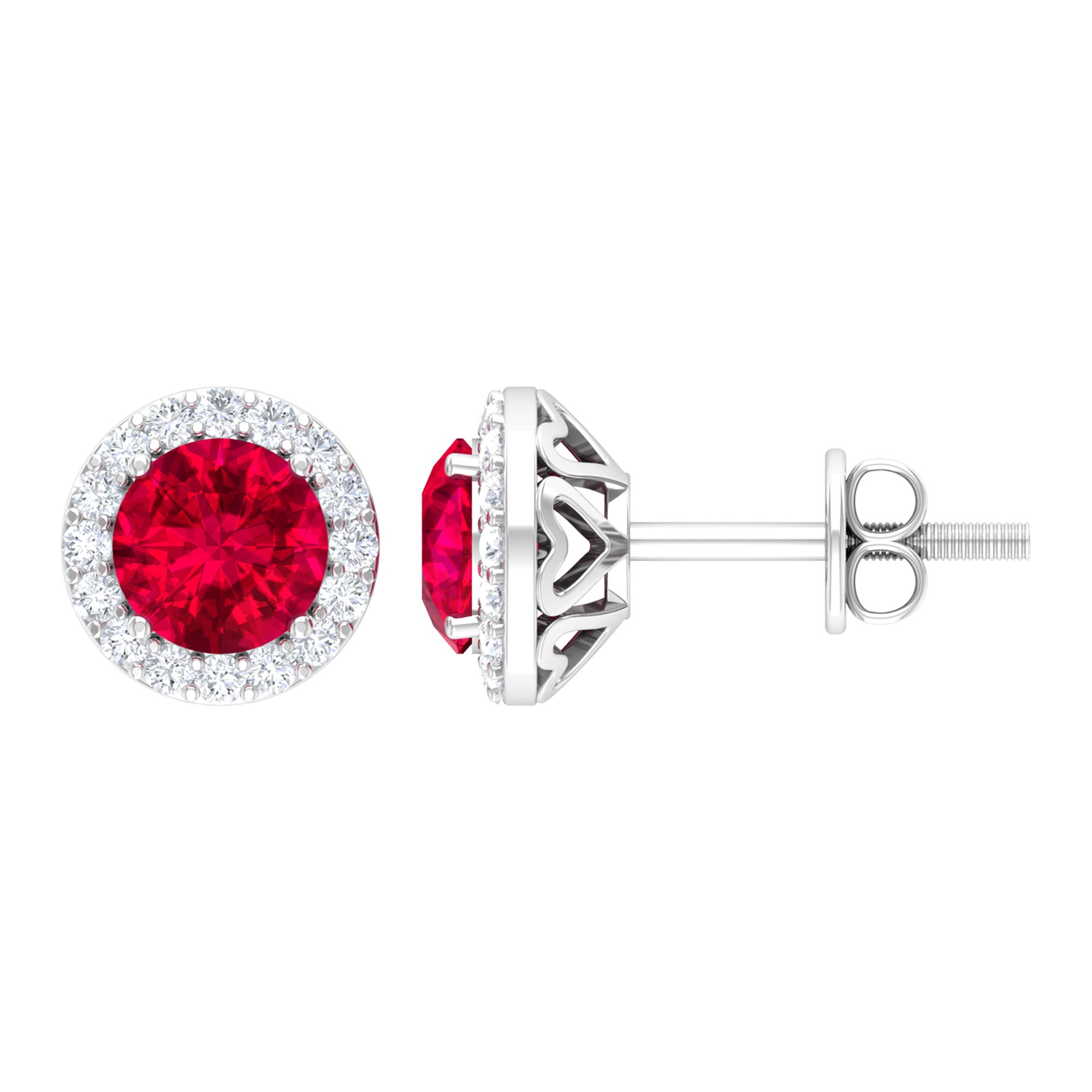 1.5 CT Lab Grown Ruby and Diamond Halo Classic Stud Earring