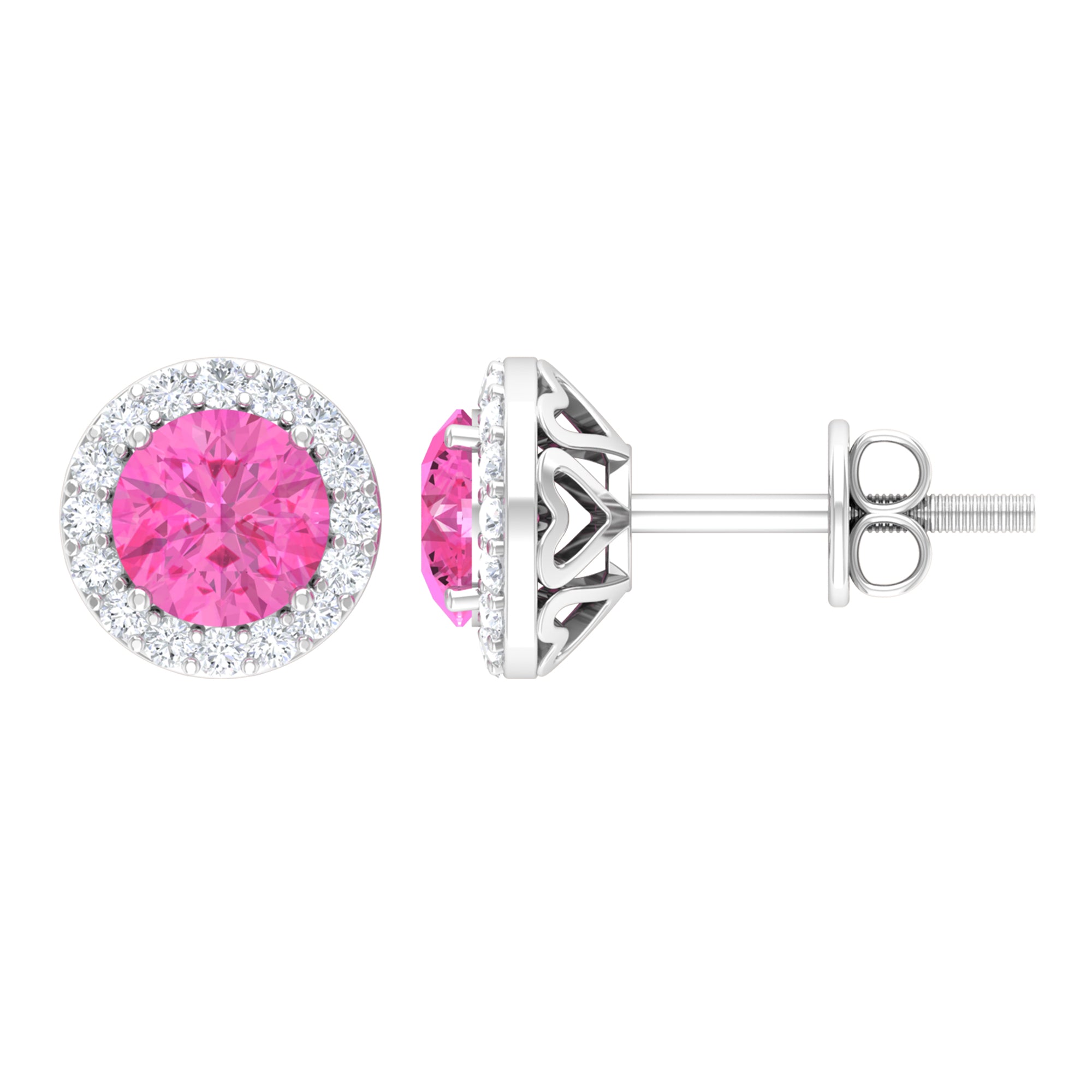 Round Pink Sapphire Halo Stud Earrings with Diamond