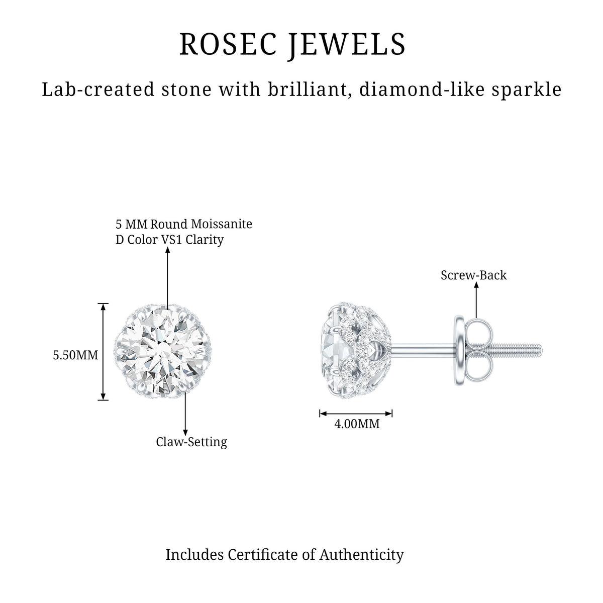 Designer 1 Carat Moissanite Stud Earrings with Screw Back D-VS1 - Rosec Jewels