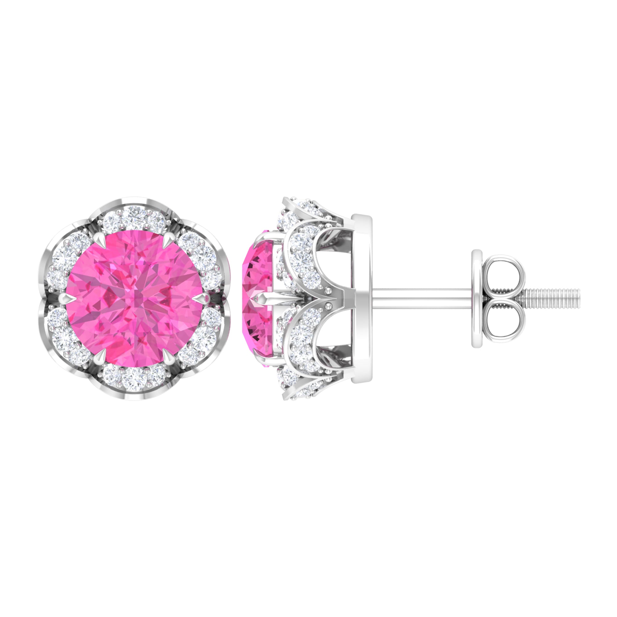 Pink Sapphire and Diamond Flower Stud Earrings