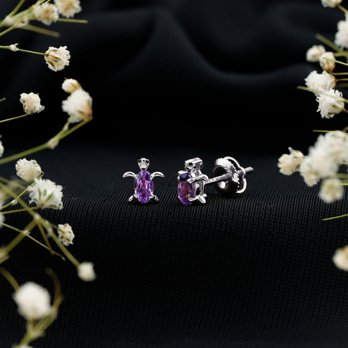 Natural Oval Amethyst Turtle Stud Earrings for Women AAA - Rosec Jewels