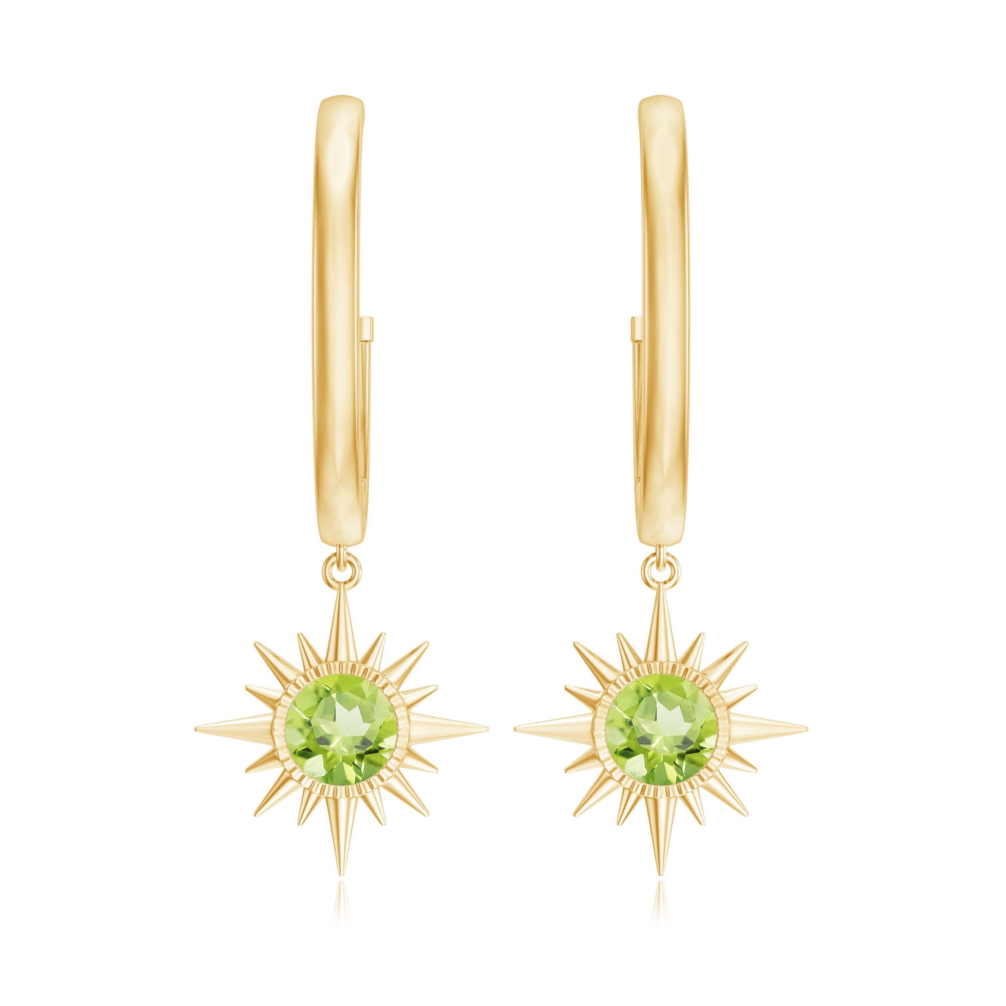 Round Shape 1 Carat Peridot Sunburst Hoop Drop Earrings For Women AAA - Rosec Jewels
