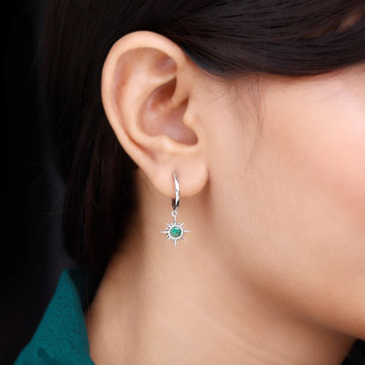 Real Emerald Sunburst Hoop Drop Earrings with Certificate AAA - Rosec Jewels