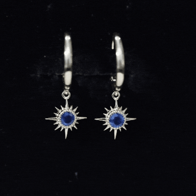 Bezel Set Blue Sapphire Sunburst Drop Hoop Earrings AAA - Rosec Jewels