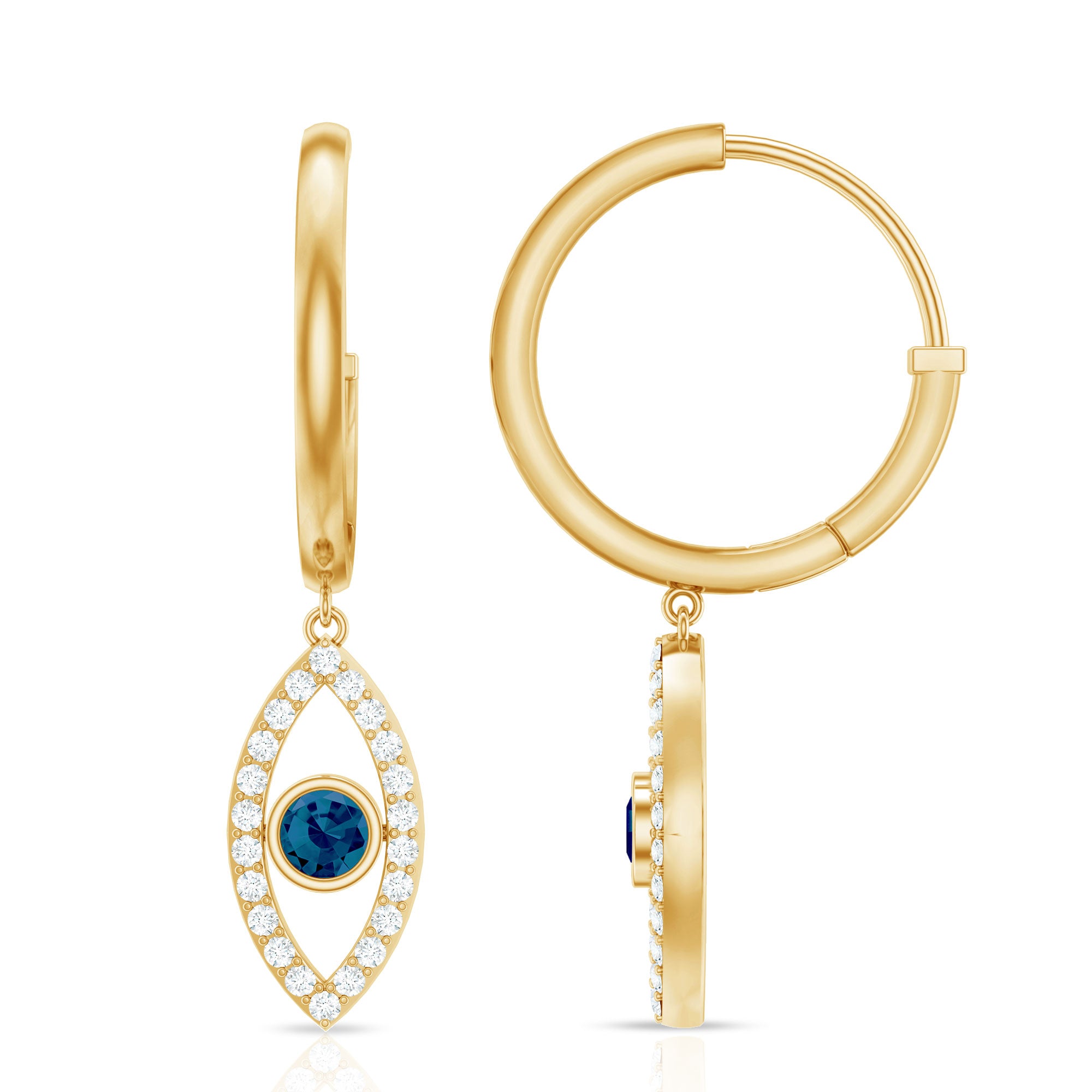 Real London Blue Topaz and Diamond Evil Eye Hoop Earrings AAA - Rosec Jewels