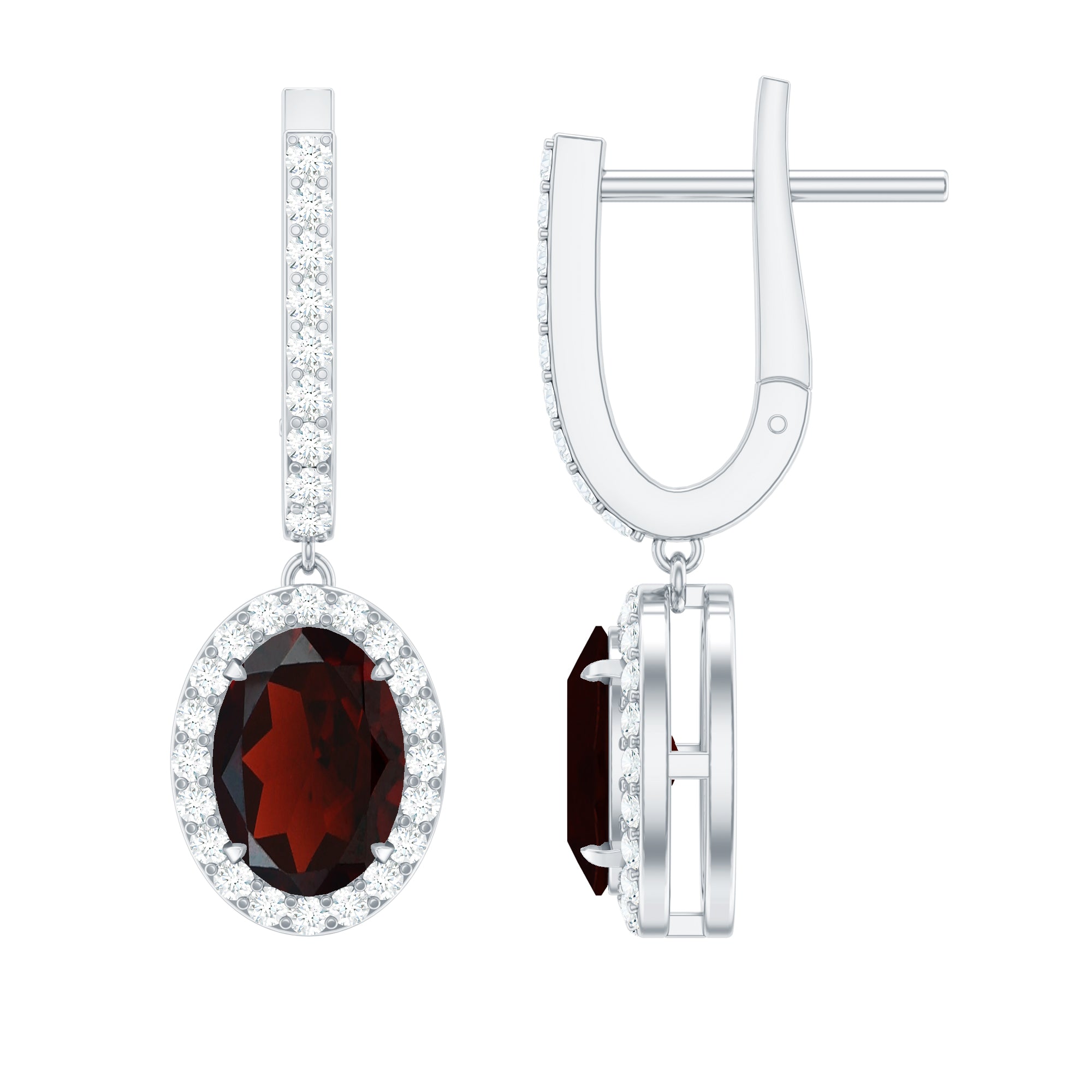 Oval Garnet and Diamond Hoop Drop Earrings with Latch Back